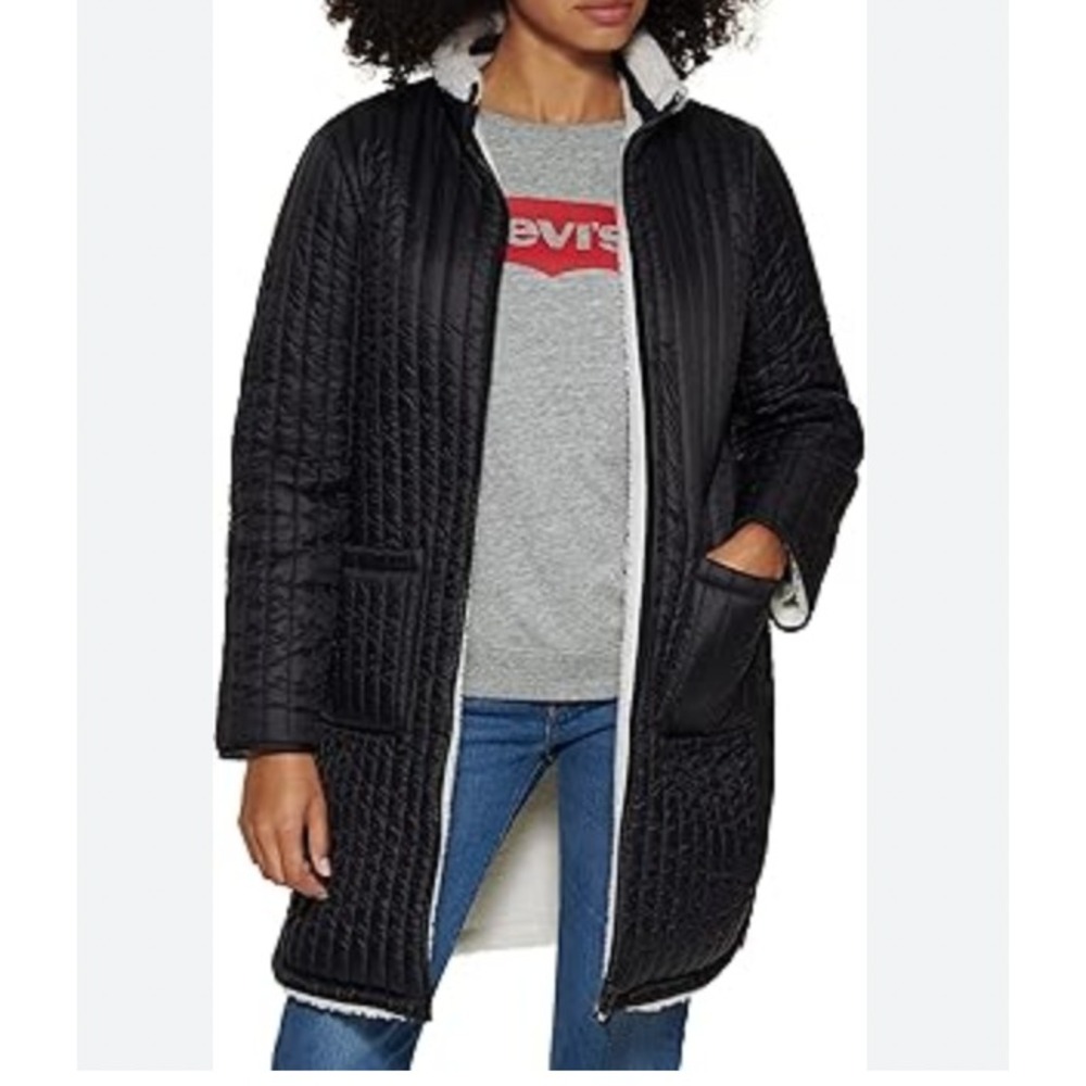 Levis Reversible Quilted Fleece Long Jacket Womens S Black Cream NWT